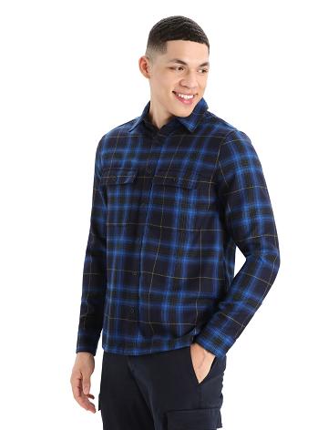 Midnight Navy Men's Icebreaker Merino Dawnder Long Sleeve Flannel Shirt Plaid Hoodie | USA 1255OKIR